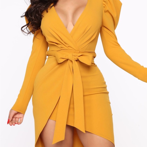Fashion Nova Yellow Bodycon Dress with Puff Sleeves and Plunge Neckline - Picture 1 of 5